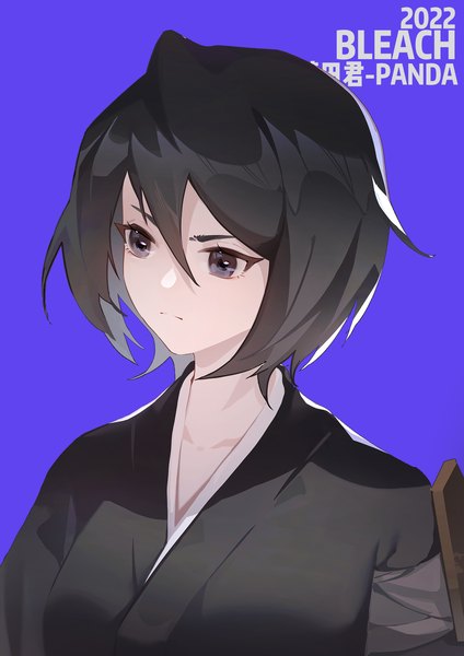 Anime picture 2480x3508 with bleach studio pierrot kuchiki rukia zm-panda- single tall image fringe highres short hair black hair simple background hair between eyes purple eyes signed looking away upper body traditional clothes japanese clothes inscription copyright name