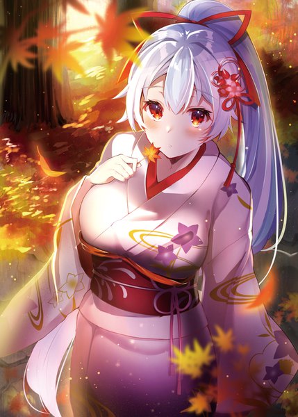 Anime picture 2591x3624 with fate (series) fate/grand order tomoe gozen (fate) felnemo3 single long hair tall image looking at viewer blush fringe highres breasts hair between eyes red eyes large breasts silver hair outdoors traditional clothes japanese clothes from above