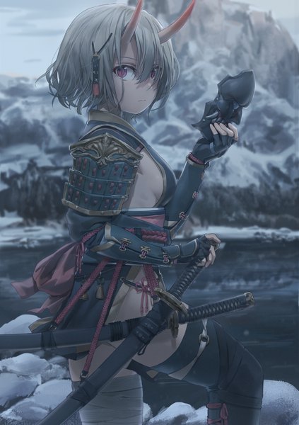 Anime picture 2800x3969 with original free style (yohan1754) single tall image looking at viewer fringe highres short hair breasts light erotic red eyes standing holding outdoors looking back horn (horns) grey hair blurry hair over one eye depth of field