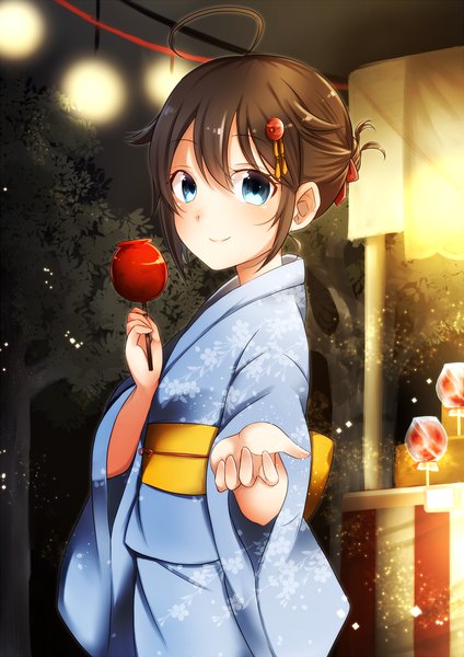 Anime picture 867x1227 with kantai collection shigure destroyer mashiro aa single tall image looking at viewer blush short hair blue eyes smile brown hair traditional clothes japanese clothes remodel (kantai collection) girl food kimono obi fruit candy apple