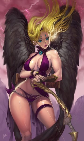 Anime picture 3000x5025 with original elsevilla single long hair tall image highres breasts open mouth blue eyes light erotic blonde hair bare shoulders cloud (clouds) lips lipstick facial mark mountain muscle black wings makeup