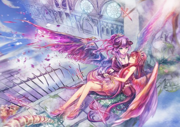 Anime picture 1300x919 with original 1991 (blz) long hair blush open mouth bare shoulders multiple girls green eyes cleavage purple hair red hair horn (horns) lips tears sleeping angel wings angel girl thighhighs dress