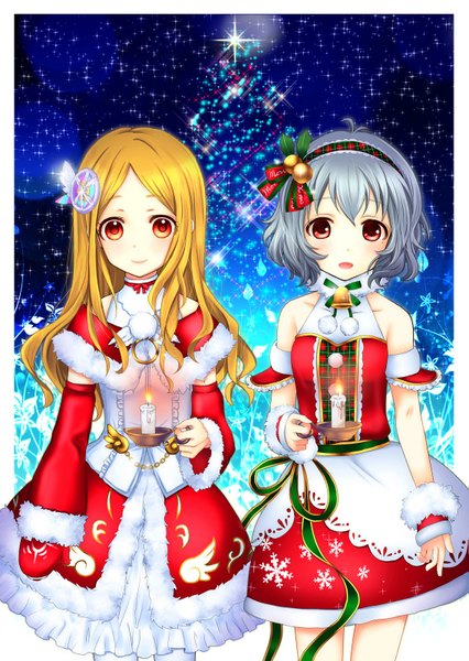 Anime picture 1135x1600 with youme long hair tall image looking at viewer short hair open mouth blonde hair smile red eyes multiple girls grey hair christmas girl dress hair ornament 2 girls hairband candle (candles)