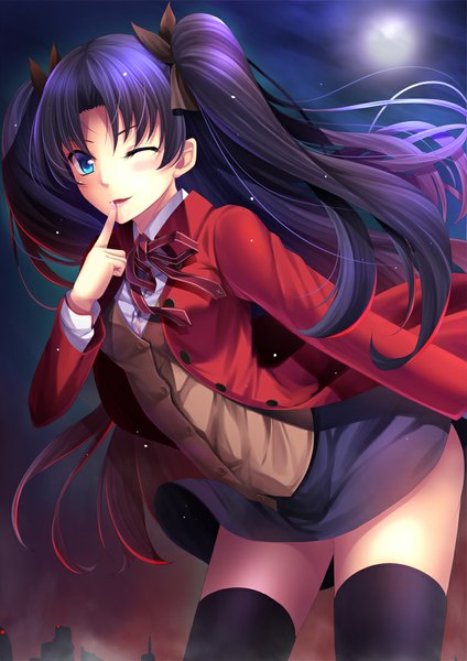 Anime picture 778x1100 with fate (series) fate/stay night type-moon toosaka rin toshi (1-147) single long hair tall image looking at viewer blush open mouth blue eyes black hair one eye closed wink girl thighhighs skirt bow black thighhighs