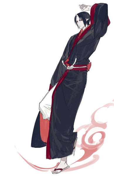 Anime picture 600x924 with hoozuki no reitetsu wit studio hoozuki (hoozuki no reitetsu) akgi single tall image looking at viewer short hair black hair simple background white background full body bent knee (knees) traditional clothes japanese clothes arm up horn (horns) pointy ears black eyes oni horns