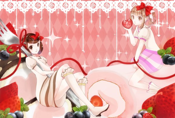 Anime picture 2587x1748 with original milk w1022 highres short hair brown hair multiple girls brown eyes girl dress bow 2 girls hair bow food boots heart sweets berry (berries) strawberry fork