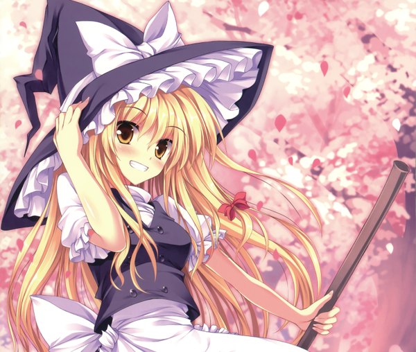 Anime picture 1415x1200 with touhou kirisame marisa tateha (marvelous grace) single looking at viewer blush fringe open mouth blonde hair smile hair between eyes standing holding brown eyes :d from below puffy sleeves cherry blossoms happy adjusting hat