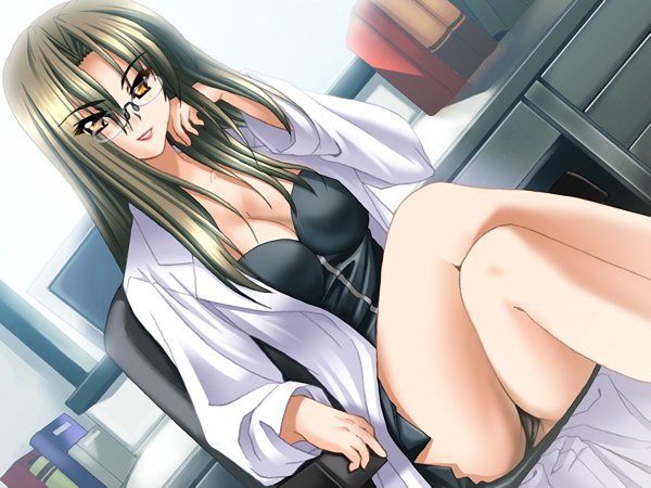 Anime picture 1200x900 with long hair light erotic brown hair yellow eyes game cg cleavage pantyshot sitting underwear panties glasses