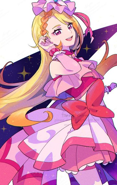 Anime picture 737x1168 with precure hirogaru sky! precure toei animation hijiri ageha cure butterfly chon chiyon single long hair tall image open mouth blonde hair purple eyes :d adjusting hair magical girl girl bow wrist cuffs large bow