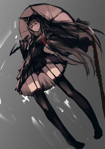 Anime picture 945x1336 with original pixiv fantasia pixiv fantasia fallen kings mou kankan (tims1111) single long hair tall image looking at viewer fringe light erotic black hair simple background red eyes standing animal ears tail animal tail wind cat ears grey background