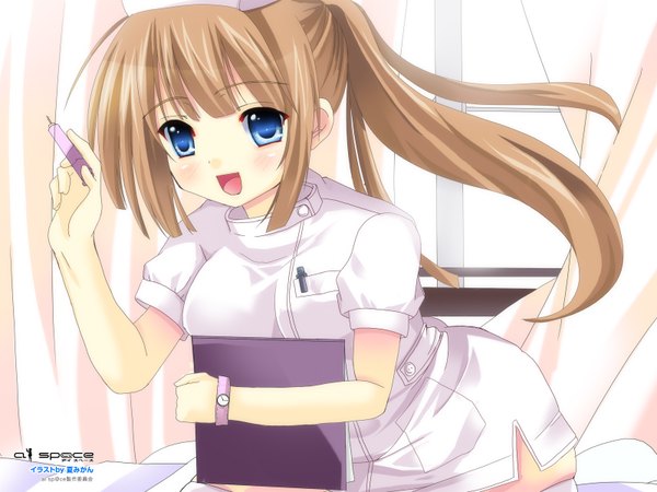 Anime picture 1600x1200 with kuroneko single long hair blush open mouth blue eyes blonde hair ponytail nurse girl clock pocket watch syringe hospital