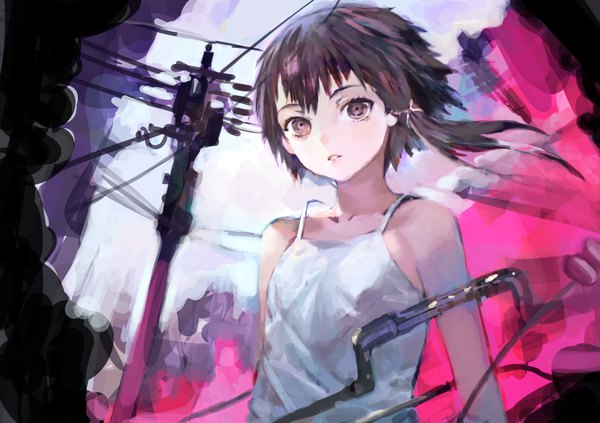 Anime picture 1684x1190 with serial experiments lain iwakura lain tomape single short hair brown hair bare shoulders brown eyes wind girl x hair ornament wire (wires) tank top camisole pole telephone pole