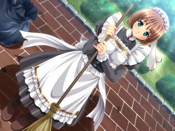 Anime picture 1024x768 with shoukoujo charlotte short hair blue eyes brown hair game cg maid girl
