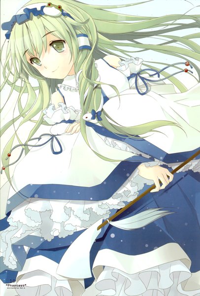 Anime picture 2022x2986 with touhou kochiya sanae tommy (microstoria) single tall image highres smile twintails holding green eyes very long hair green hair girl dress ribbon (ribbons) hair ribbon detached sleeves animal hairband hair tubes