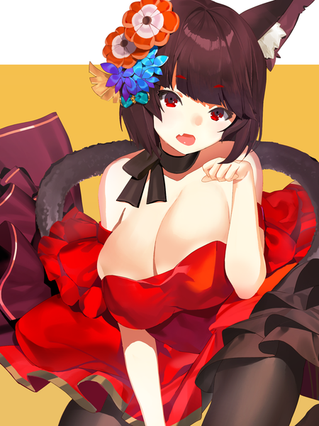 Anime picture 1488x1985 with azur lane yamashiro (azur lane) naeun (pinky1866) single tall image looking at viewer blush fringe short hair breasts open mouth light erotic simple background red eyes brown hair bare shoulders animal ears cleavage tail blunt bangs