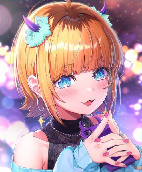 Anime picture 5795x7000 with oshi no ko memcho 0v0 (l seohui) single tall image blush fringe highres short hair open mouth blue eyes blonde hair bare shoulders absurdres upper body blunt bangs nail polish :d horn (horns) portrait