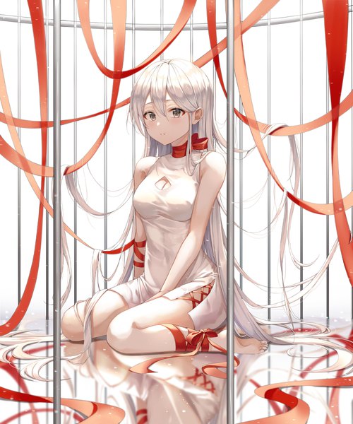 Anime picture 1500x1800 with original ekina (1217) single tall image looking at viewer blush fringe breasts hair between eyes sitting bare shoulders silver hair full body bent knee (knees) very long hair parted lips barefoot blurry arm support grey eyes