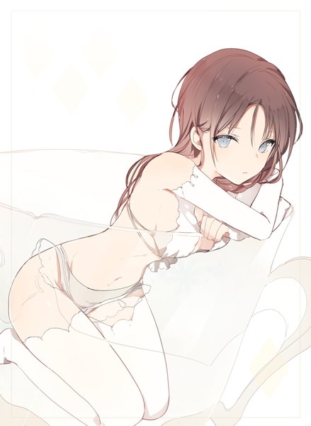 Anime picture 600x820 with original lpip single long hair tall image looking at viewer fringe light erotic brown hair sitting bare shoulders bent knee (knees) long sleeves bare belly no shoes underwear only kneeling crossed arms silver eyes girl