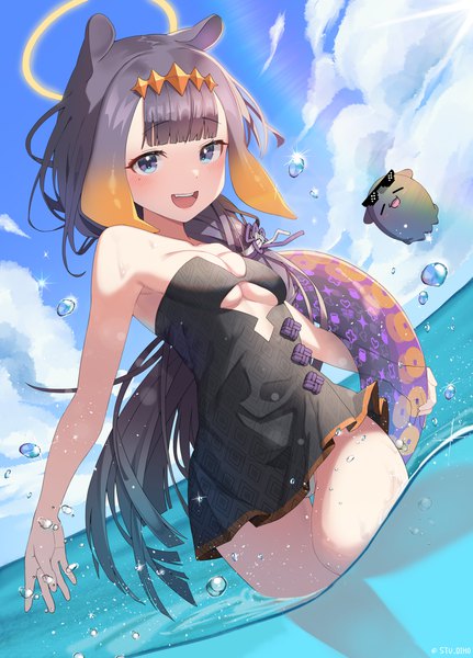 Anime picture 2300x3200 with virtual youtuber hololive hololive english ninomae ina'nis ninomae ina'nis (1st costume) takodachi (ninomae ina'nis) stu diho single long hair tall image fringe highres breasts open mouth blue eyes light erotic black hair signed animal ears sky
