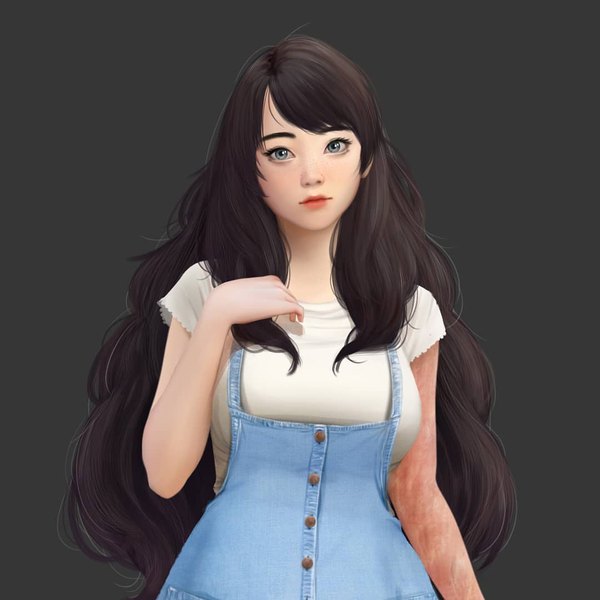 Anime picture 1080x1080 with original jubi (regiana) single long hair looking at viewer breasts black hair simple background large breasts bare shoulders cleavage grey eyes lipstick dark background scar denim girl t-shirt overalls