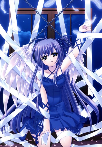 Anime picture 2432x3487 with nishimata aoi long hair tall image highres blue eyes black hair brown eyes girl dress ribbon (ribbons) petals wings chain feather (feathers)