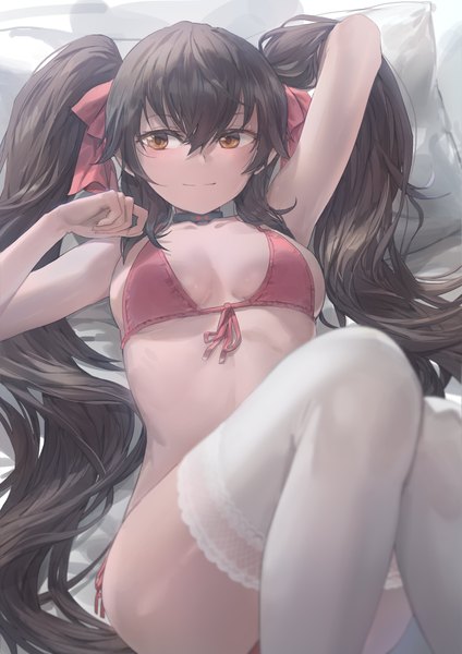 Anime picture 2896x4096 with girls frontline qbz-97 (girls frontline) free style (yohan1754) single long hair tall image looking at viewer fringe highres breasts light erotic black hair hair between eyes twintails yellow eyes cleavage lying on back sideboob girl