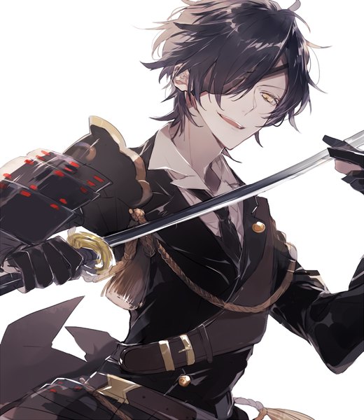 Anime picture 1000x1153 with touken ranbu nitroplus shokudaikiri mitsutada aki mitsu single tall image looking at viewer fringe short hair open mouth black hair simple background white background yellow eyes hair over one eye from below looking down military boy gloves