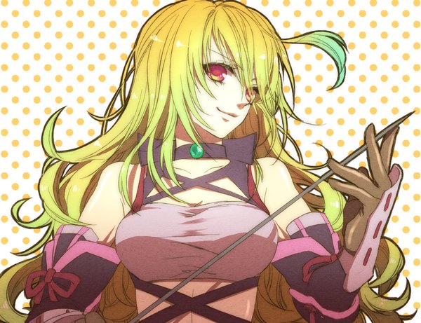 Anime picture 1280x985 with tales of (series) tales of xillia milla maxwell yu yoko (pixiv 2999504) single long hair simple background blonde hair polka dot girl gloves weapon
