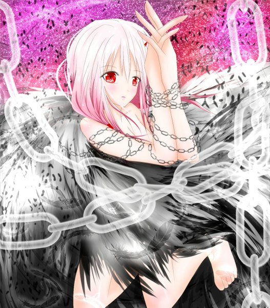 Anime picture 1226x1397 with guilty crown production i.g yuzuriha inori again8120 single long hair tall image blush light erotic red eyes pink hair barefoot girl hair ornament wings hairclip chain feather (feathers)