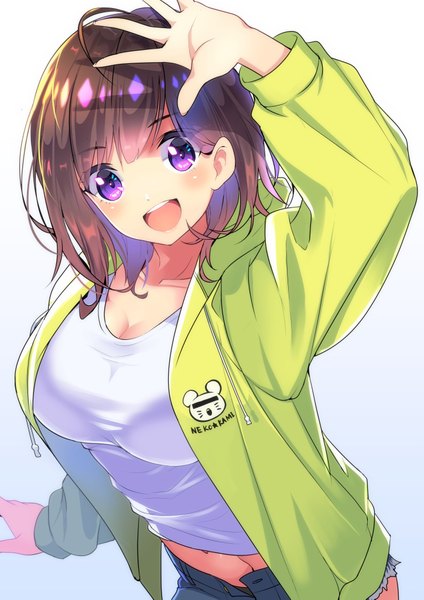 Anime picture 1447x2047 with original nasubi (w.c.s) single long hair tall image looking at viewer blush fringe breasts open mouth simple background smile brown hair standing purple eyes :d arm up grey background open jacket midriff