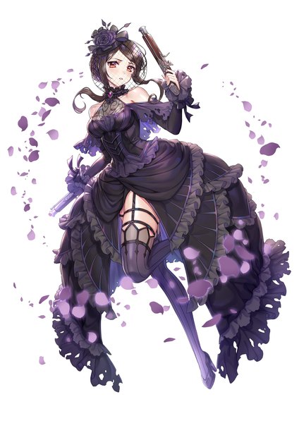 Anime picture 1500x2121 with food fantasy black tea (food fantasy) bbbox (hotpppink) single tall image looking at viewer blush short hair breasts light erotic black hair simple background red eyes large breasts white background bare shoulders holding payot cleavage full body