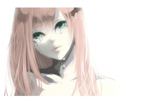Anime picture 1000x700 with vocaloid megurine luka hebi (yurari) single long hair looking at viewer simple background white background green eyes pink hair sunlight tears girl