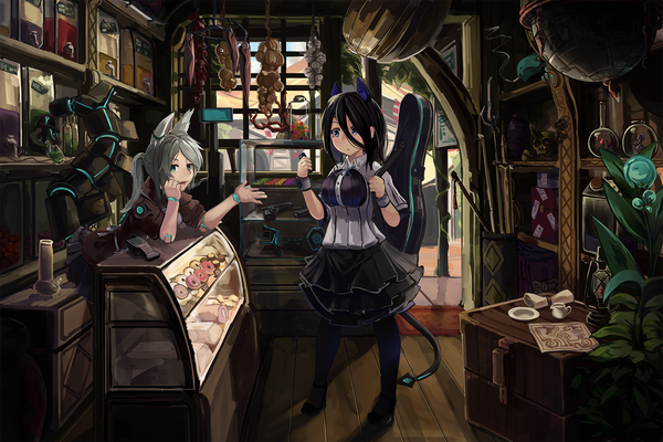 Anime picture 1440x960 with original natori youkai long hair looking at viewer fringe short hair breasts open mouth black hair hair between eyes standing purple eyes multiple girls holding green eyes animal ears looking away full body ponytail indoors