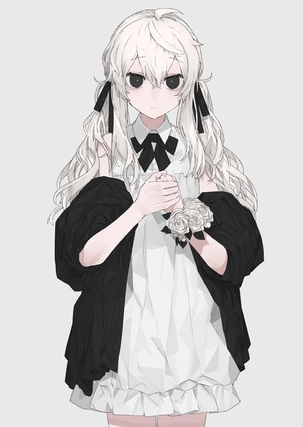 Anime picture 2508x3541 with original rairyuu single long hair tall image looking at viewer fringe highres simple background hair between eyes twintails white hair black eyes grey background sleeveless expressionless girl dress flower (flowers) ribbon (ribbons)