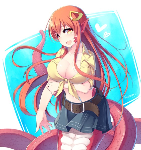 Anime picture 1791x1901 with monster musume no iru nichijou miia (monster musume) blueberry (5959) single long hair tall image looking at viewer blush fringe highres breasts open mouth light erotic large breasts yellow eyes cleavage red hair tail pointy ears bare belly