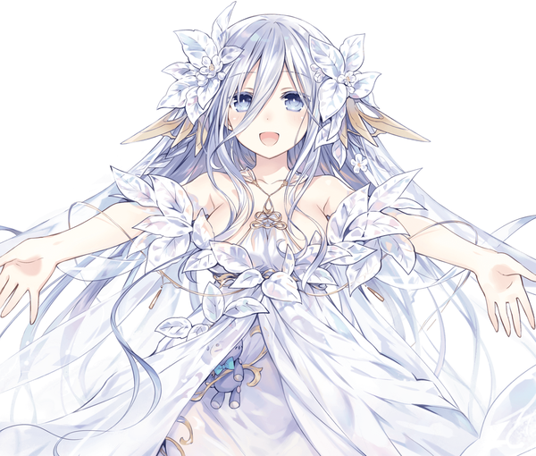 Anime-Bild 1600x1360 mit date a live takamiya mio tsunako single blush fringe breasts open mouth blue eyes simple background smile hair between eyes standing white background bare shoulders silver hair braid (braids) very long hair :d hair flower