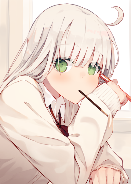 Anime picture 907x1268 with original nagishiro mito single long hair tall image looking at viewer blush fringe holding green eyes upper body ahoge white hair mouth hold girl uniform school uniform food sweets pocky