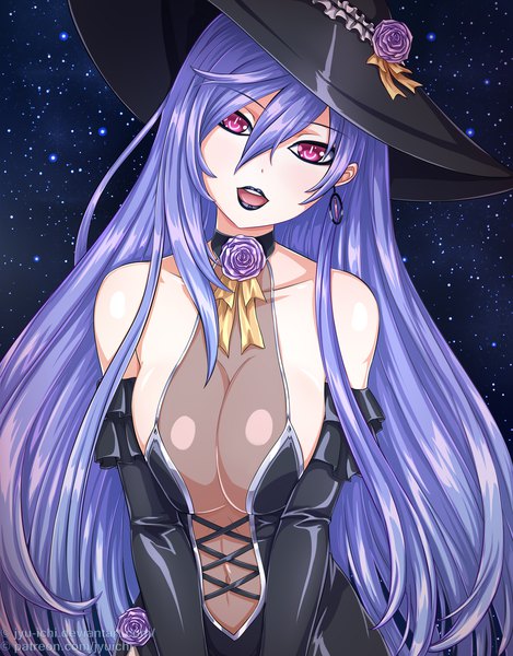 Anime picture 949x1214 with choujigen game neptune iris heart jyu ichi single long hair tall image looking at viewer fringe breasts open mouth light erotic hair between eyes purple eyes signed payot purple hair upper body head tilt night night sky