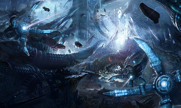 Anime picture 1600x960 with tera online wide image wallpaper mountain no people rock battle destruction science fiction mecha