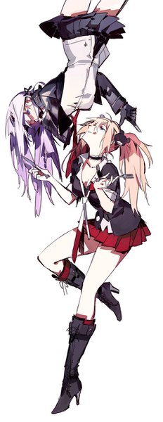 Anime picture 500x1293 with dangan ronpa kirigiri kyouko enoshima junko star shadow magician long hair tall image blue eyes simple background white background purple eyes twintails multiple girls pink hair purple hair pleated skirt eye contact upside down girl skirt gloves