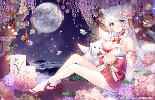 Anime picture 2500x1611 with original apple caramel single long hair looking at viewer blush fringe highres breasts blue eyes large breasts sitting bare shoulders holding animal ears payot cleavage full body white hair tail
