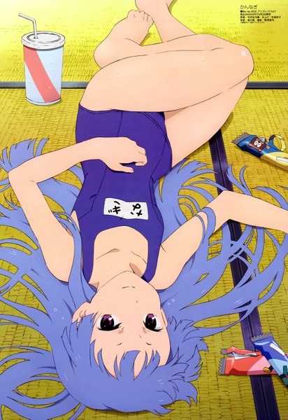 Anime picture 4079x5937 with kannagi nagi (kannagi) mori shinobu single long hair tall image highres purple eyes blue hair absurdres lying barefoot legs girl swimsuit one-piece swimsuit school swimsuit