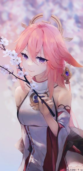 Anime picture 3575x7335 with genshin impact yae miko swkl:d single long hair tall image looking at viewer fringe highres smile hair between eyes standing purple eyes bare shoulders holding signed animal ears pink hair absurdres upper body
