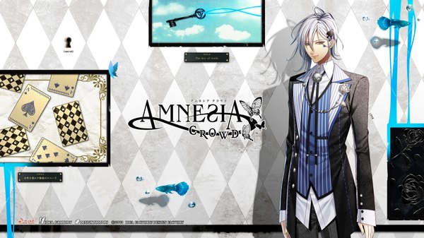 Anime picture 1920x1080 with amnesia ikki (amnesia) hanamura mai single long hair highres blue eyes blonde hair smile wide image standing silver hair light smile inscription striped checkered background boy insect butterfly suit