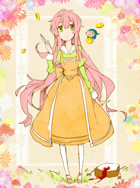 Anime picture 762x1024 with jinrui wa suitai shimashita watashi (jintai) fairy (jintai) sakano anri tall image fringe short hair open mouth green eyes looking away pink hair very long hair fantasy fairy girl dress boy flower (flowers) blood knife