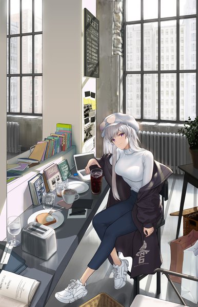 Anime picture 2154x3348 with azur lane enterprise (azur lane) hsh thx single long hair tall image looking at viewer highres breasts smile large breasts sitting purple eyes payot silver hair full body bent knee (knees) indoors long sleeves head tilt
