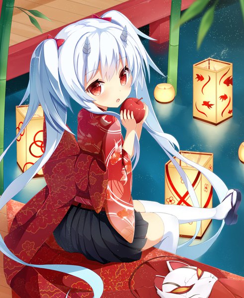 Anime picture 808x988 with original shuuichi (gothics) single long hair tall image looking at viewer blush open mouth sitting twintails holding white hair traditional clothes japanese clothes pleated skirt horn (horns) from above leg lift (legs lift) oni horns cute