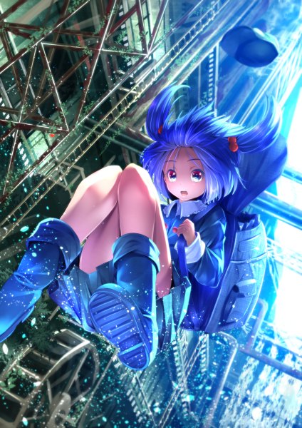 Anime picture 848x1200 with touhou kawashiro nitori ryosios single tall image looking at viewer short hair open mouth blue eyes blue hair girl dress plant (plants) boots backpack flat cap