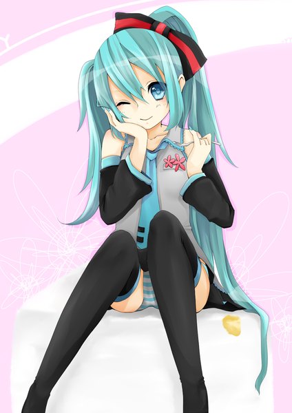 Anime picture 1000x1414 with vocaloid hatsune miku znrdnp single long hair tall image blue eyes light erotic bare shoulders one eye closed wink aqua hair pantyshot sitting girl thighhighs bow black thighhighs hair bow detached sleeves necktie