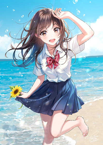 Anime picture 862x1214 with original morikura en single long hair tall image looking at viewer blush fringe open mouth brown hair holding brown eyes signed sky cloud (clouds) outdoors pleated skirt barefoot bare legs short sleeves